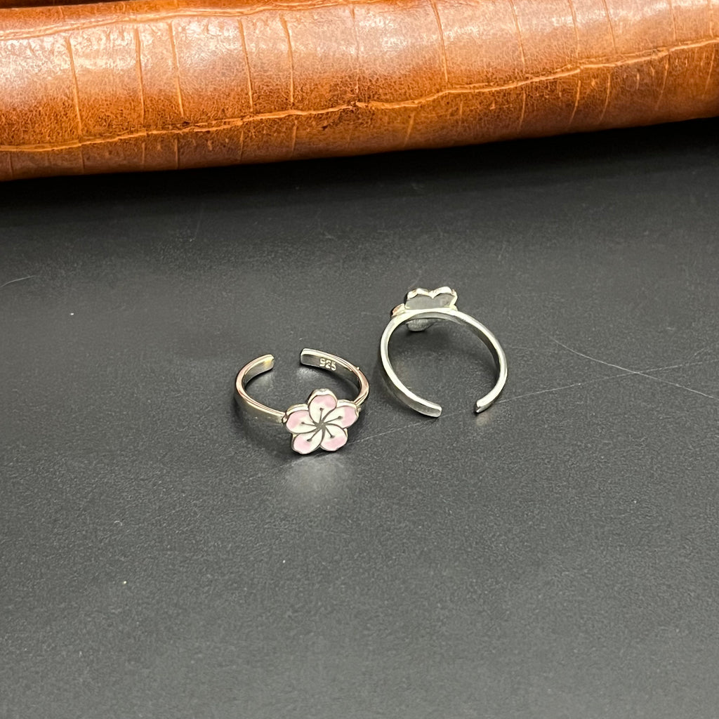 Silver Ladies Toe Rings Pink Flower 925