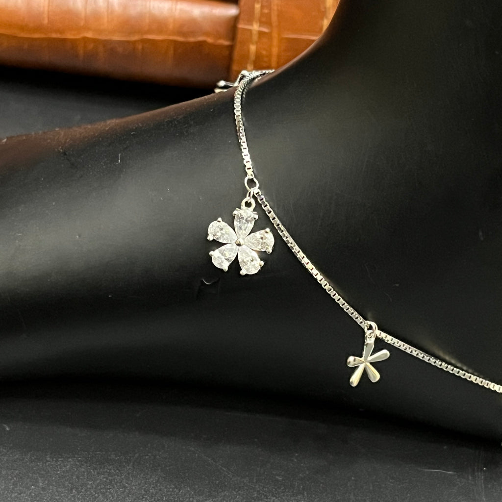 Silver Ladies Anklet Petal Leaf And Drop 925