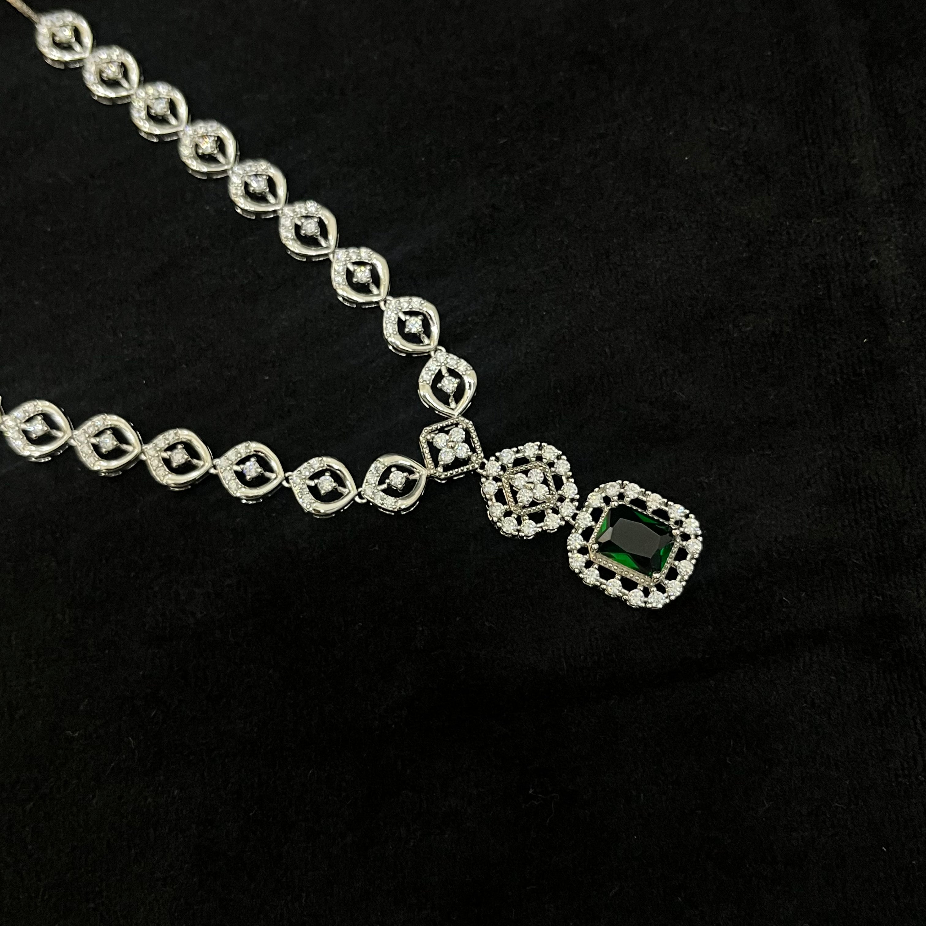 Pure Silver CZ American Diamond Necklace with Emerald Drop Stones