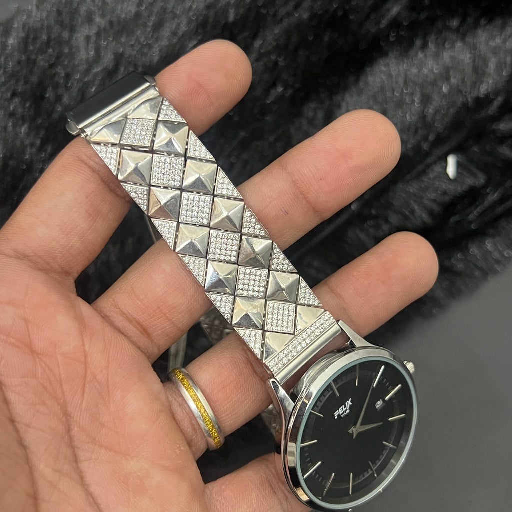 Silver Mens Watch Luxury Diamond Cut White Stones 925