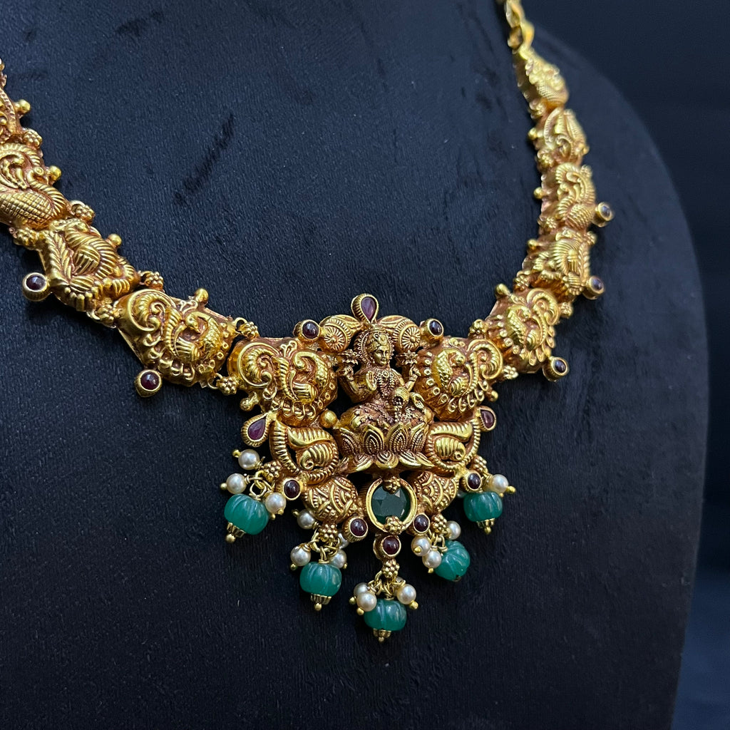 Silver Ladies Necklace And Haram Antique Lakshmi Devi Green Nakshatra Gold Finish 925