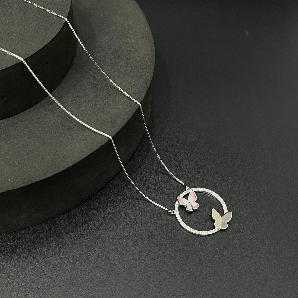 Silver Ladies Pendant Chain Circle Butterfly