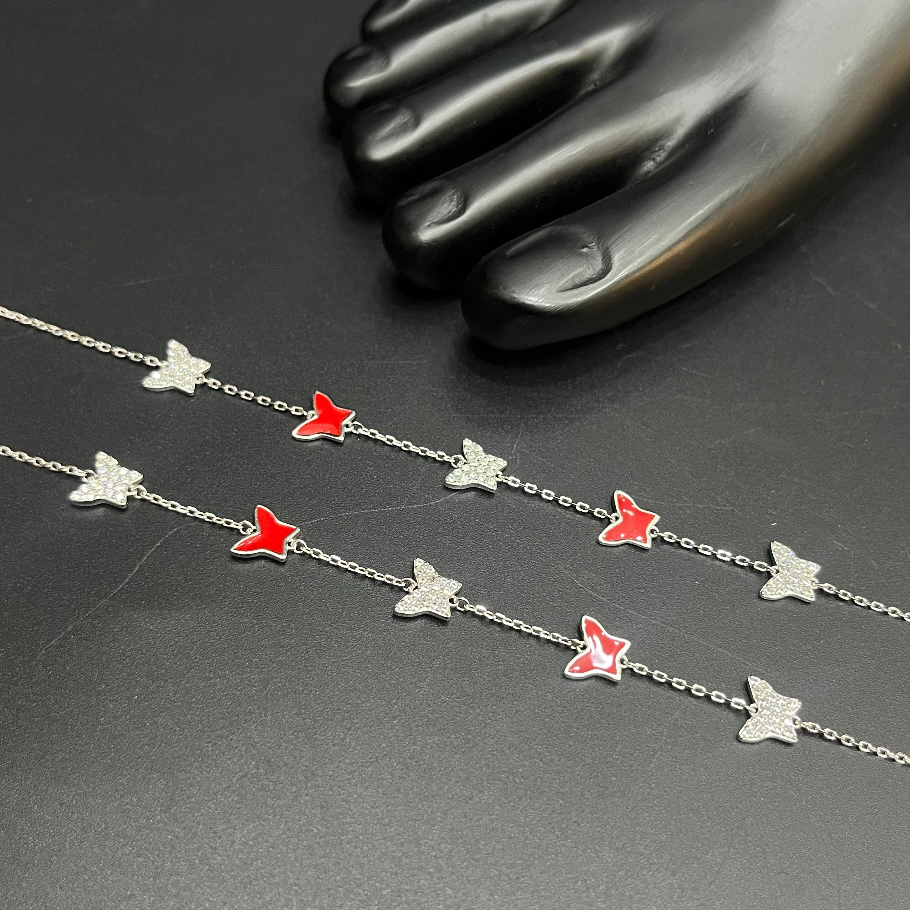 Silver Ladies Anklet Enamel Butterfly Charms 925