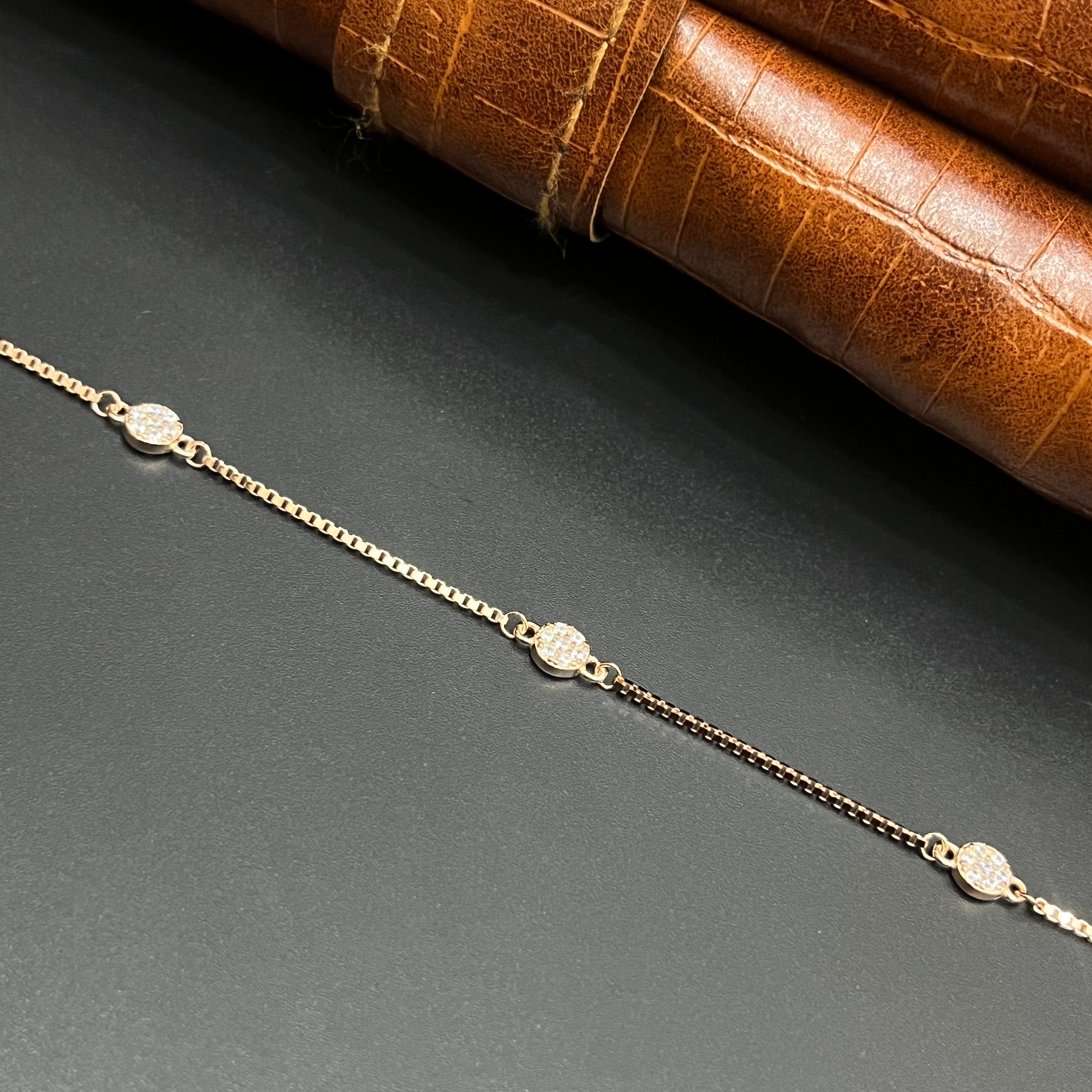Silver Ladies Bracelet Three Solitaire Disc Stones Rose Gold 925