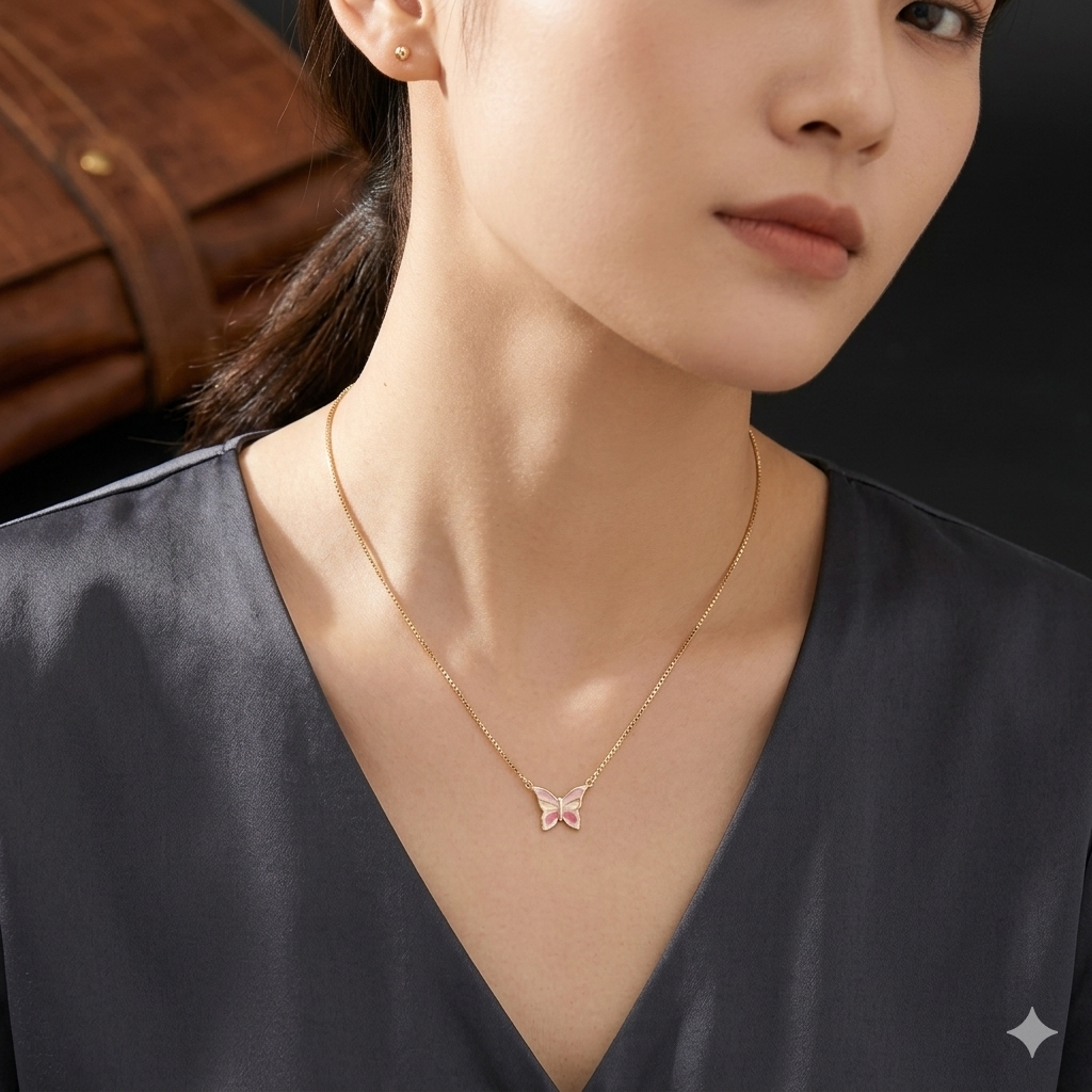 Silver Ladies Chain Pink Butterfly Rosegold