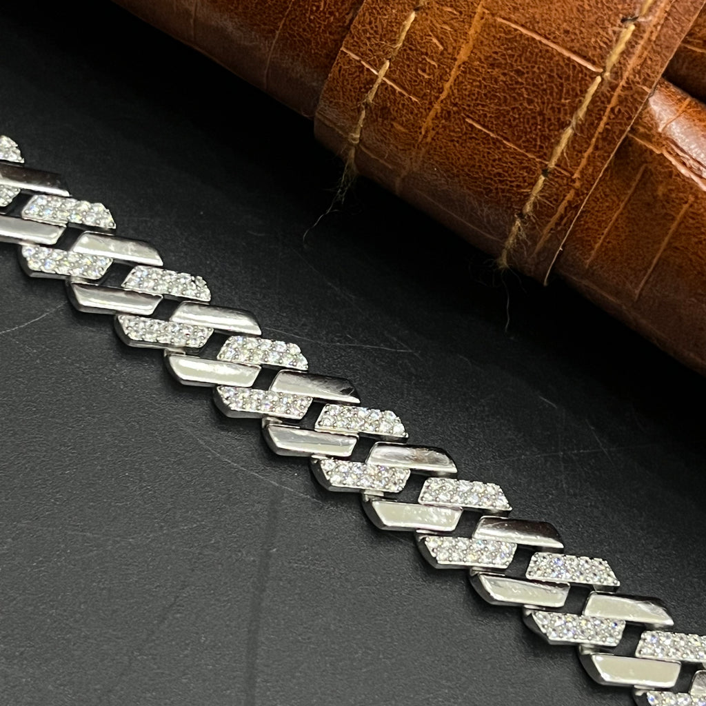 Silver Mens Chain Luxury Cuban Cut Diamond Stones M02 925