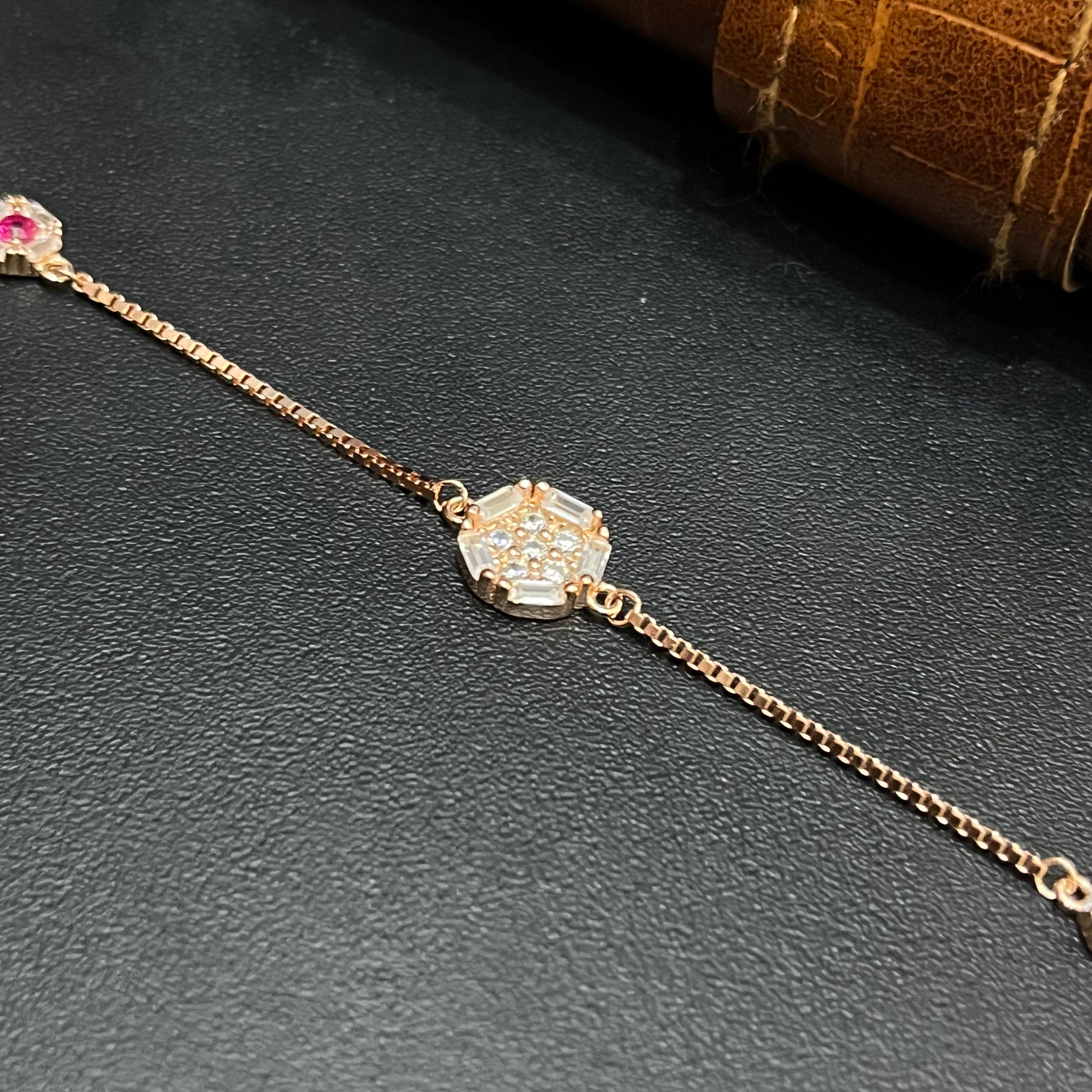 Silver Ladies Bracelet Royal Pink Crystal Trio Rose Gold 925