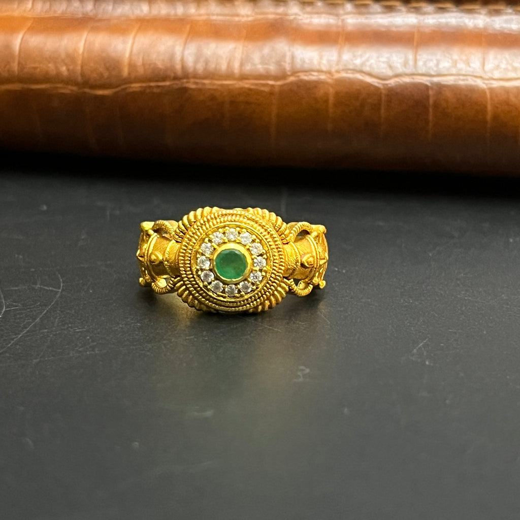 Silver Mens Ring Traditional Antique Emerald Green Lord Krishna Art Gold Finish M03 925