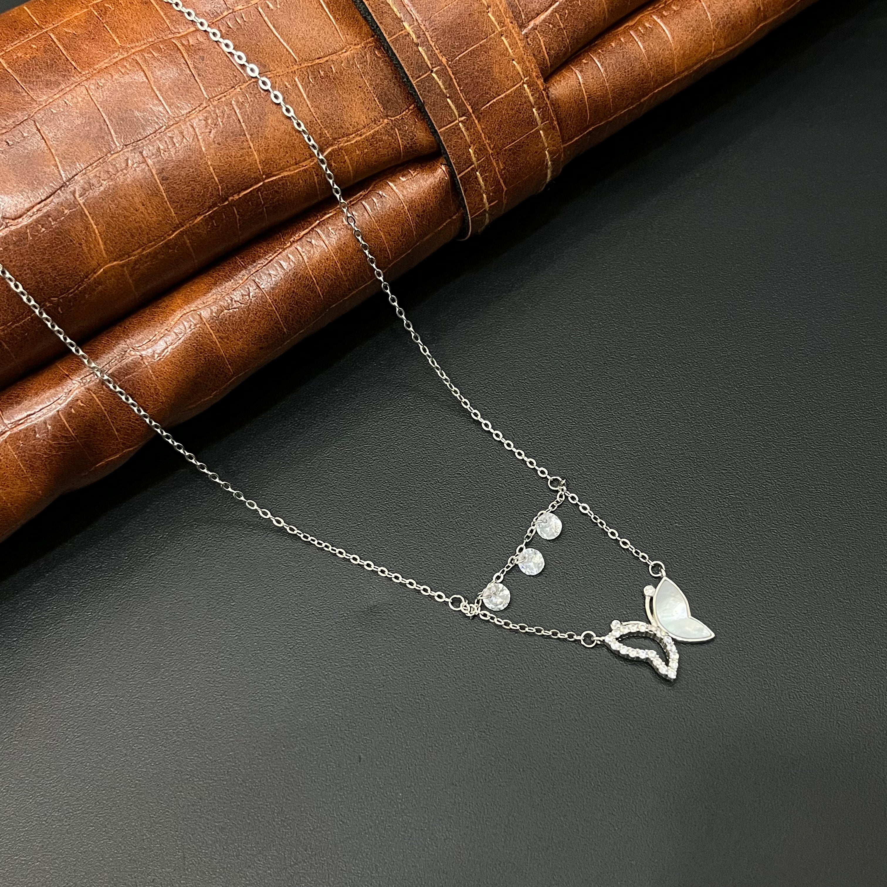 Silver Ladies Chain Butterfly & Cz Crsytal Drops Half