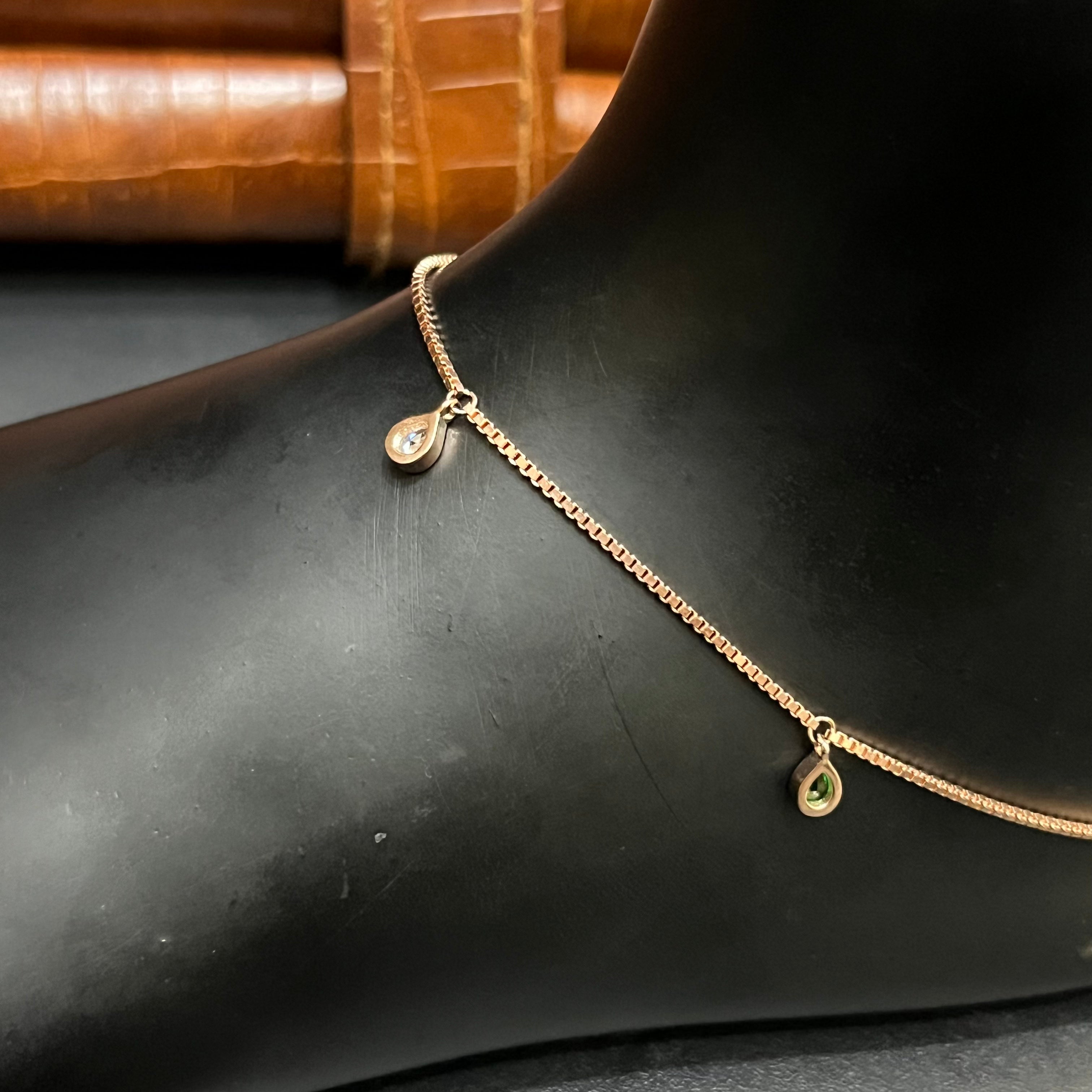 Silver Ladies Anklet Luna Drop & Green Stone 925