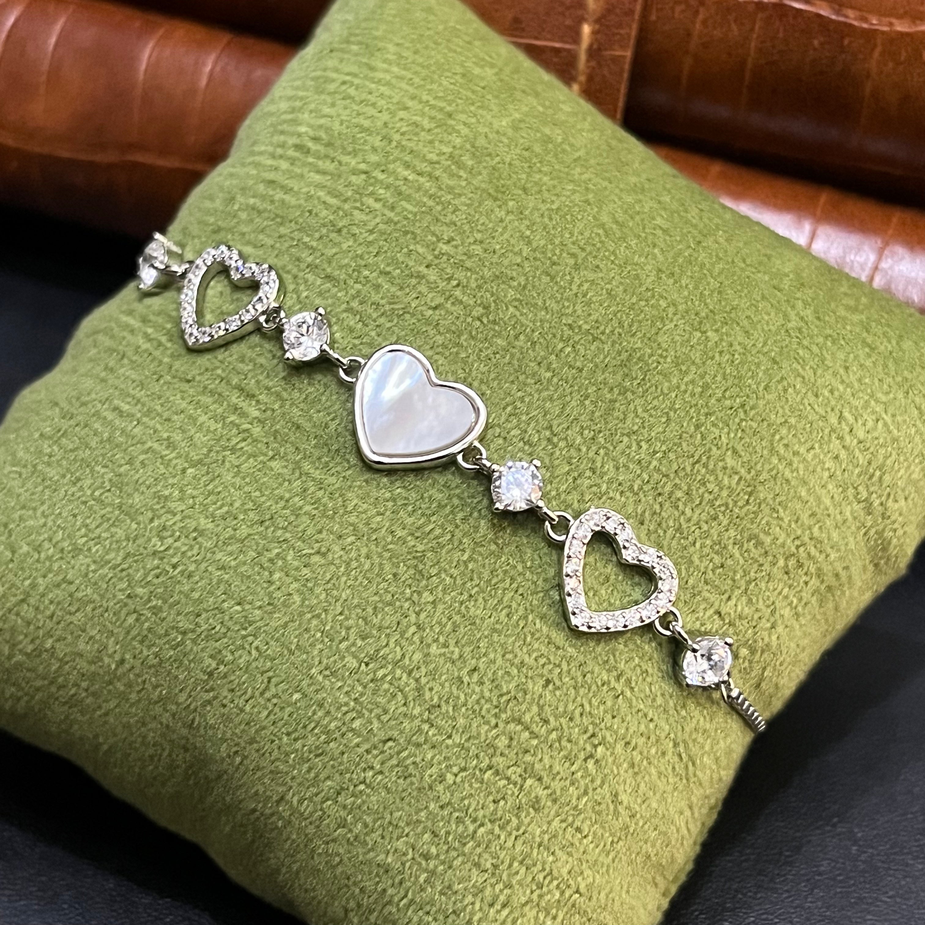 Silver Ladies Bracelet Three Hearts Diamond Link 925