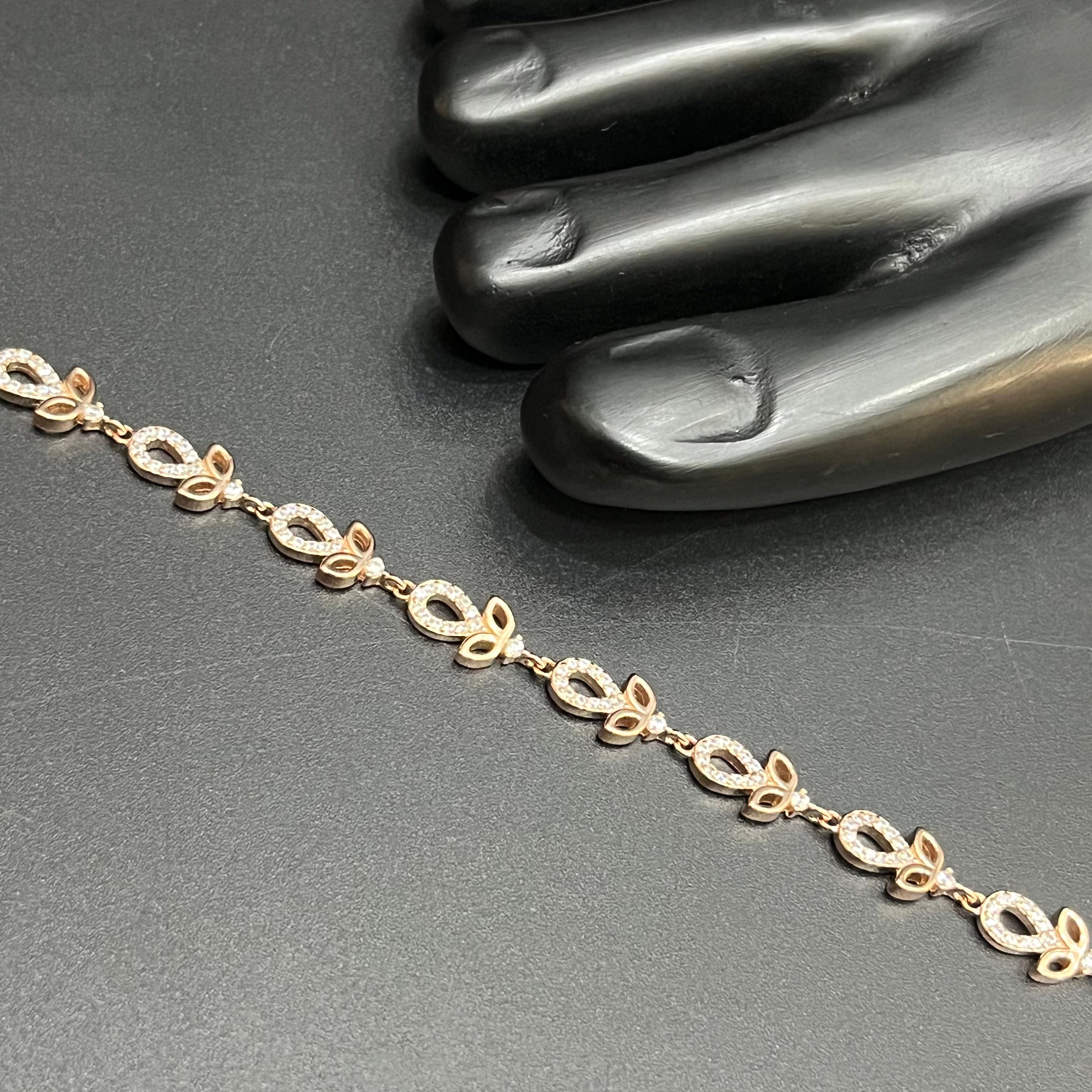 Silver Ladies Anklet Leaf & Crystal Elegance Rose Gold 925