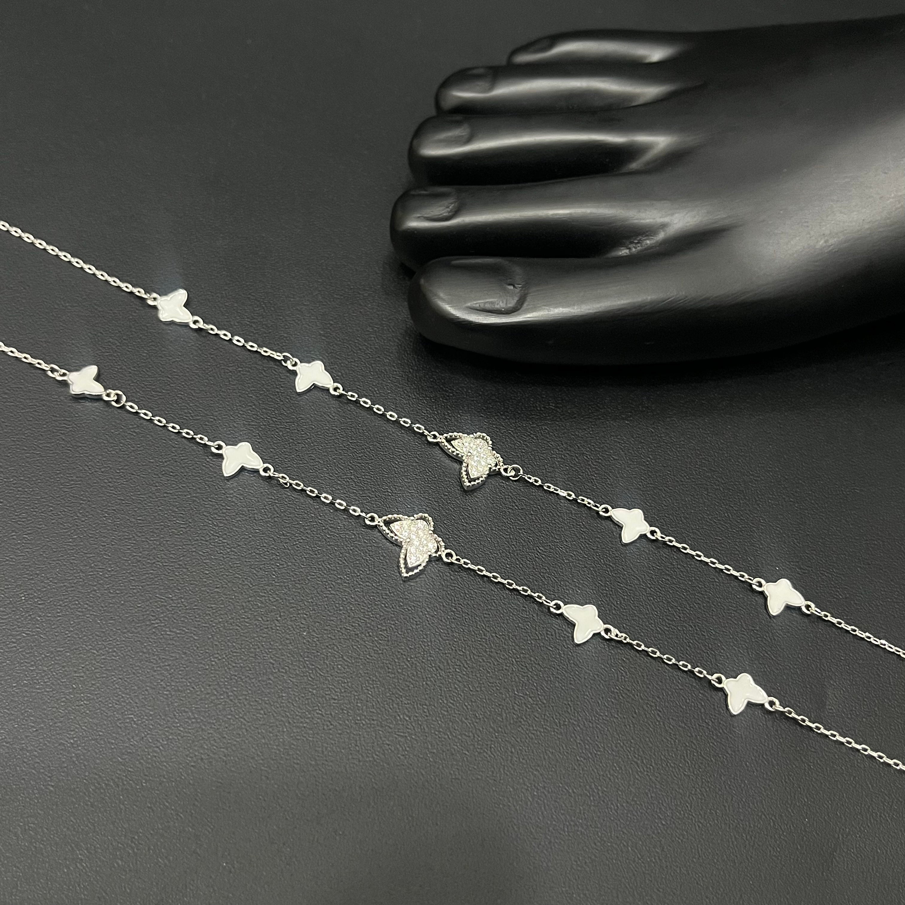 Silver Ladies Anklet Butterfly CZ