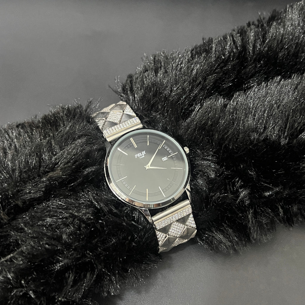 Silver Mens Watch Luxury Diamond Cut White Stones 925