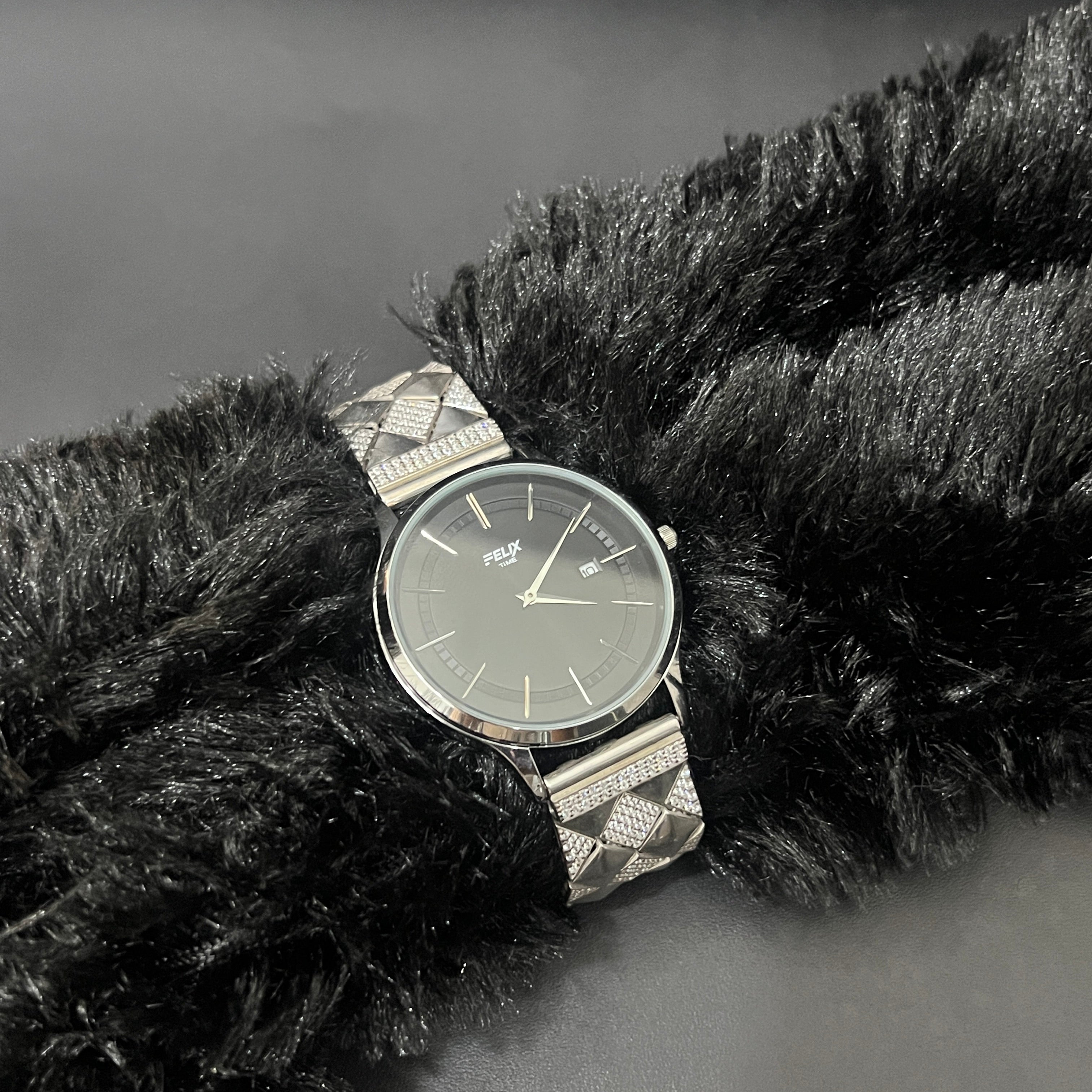 Silver Mens Watch Luxury Diamond Cut White Stones 925