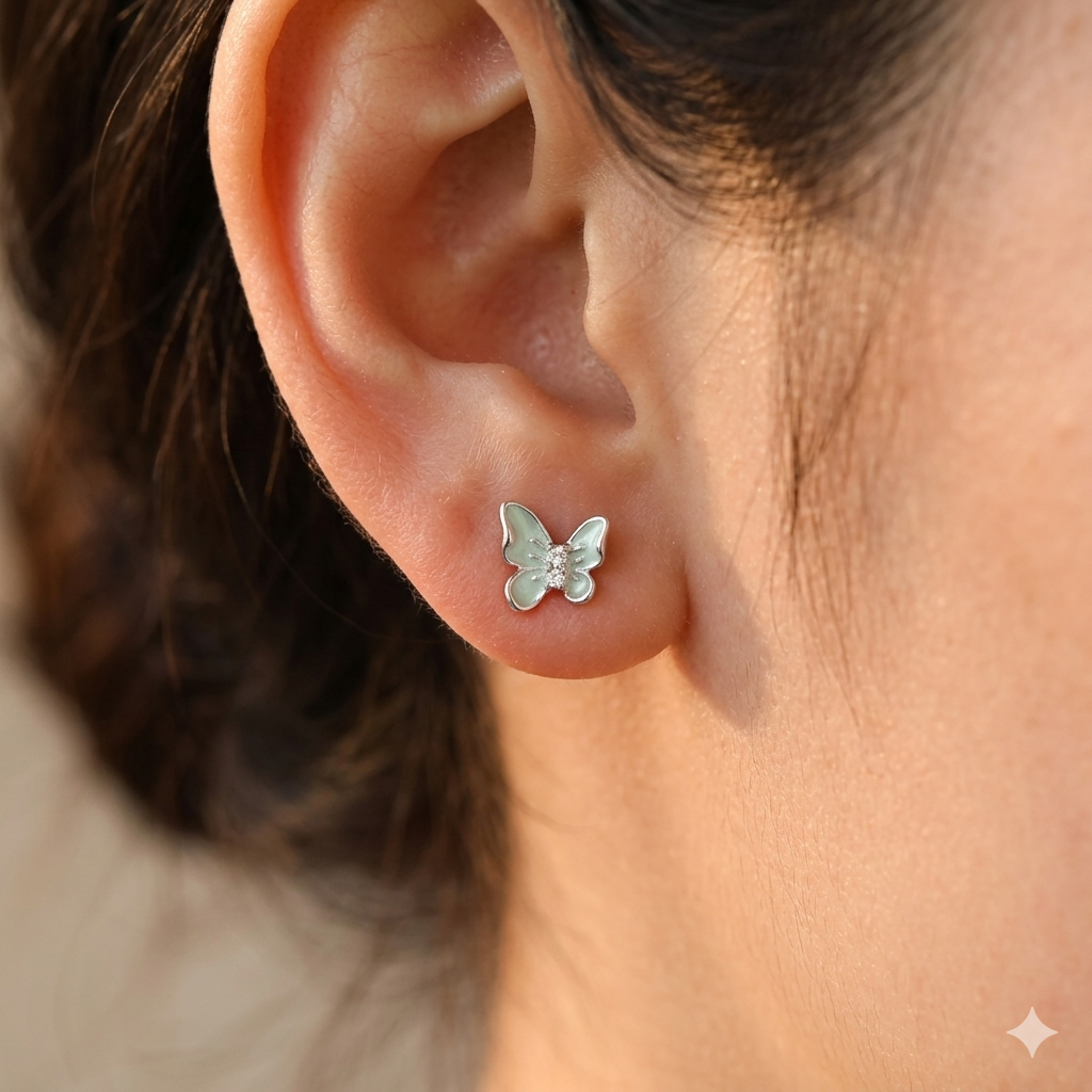 Silver Ladies Stud Butterfly Green SS 925