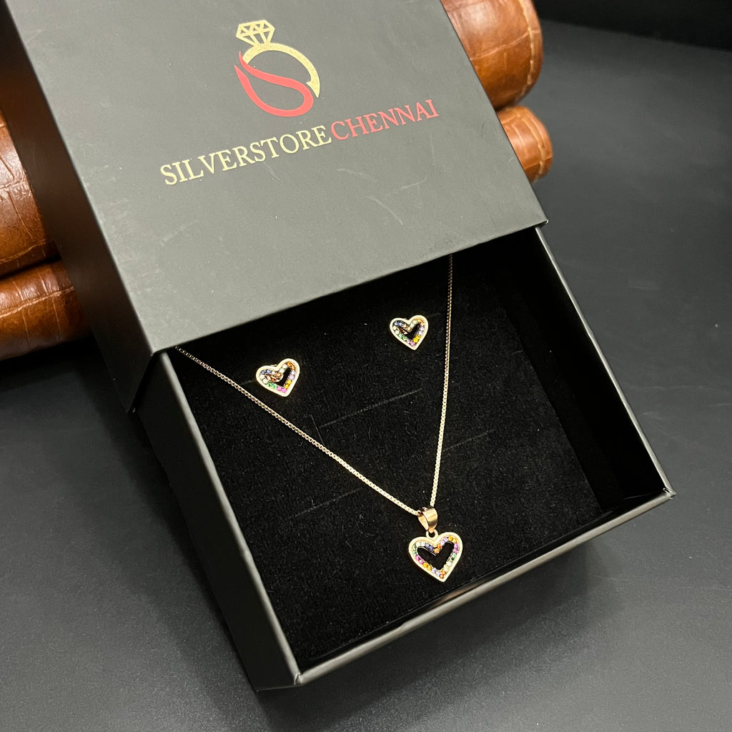 Silver Ladies Pendant Chain Set Multicolor Heart Shape Rose Gold M01 925