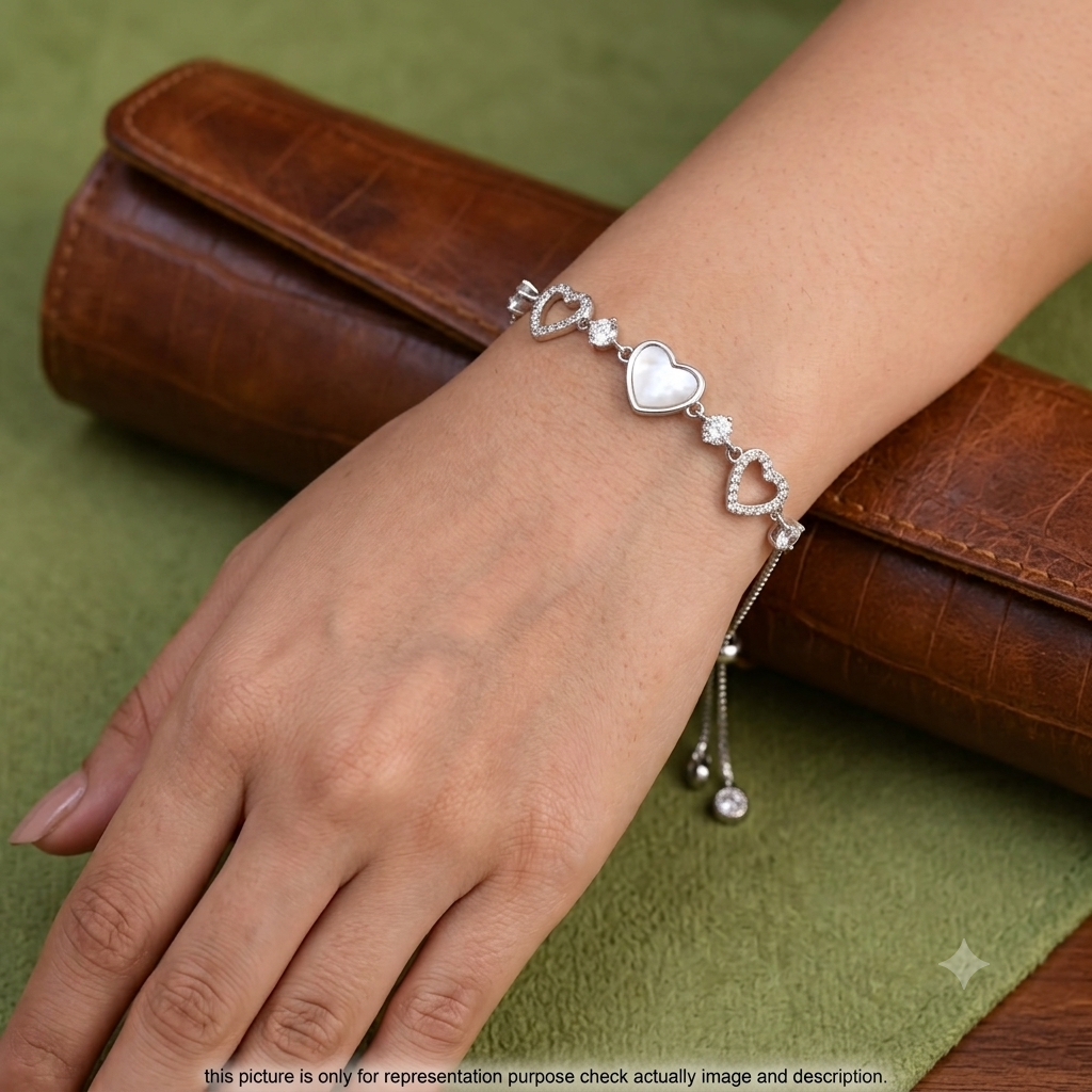 Silver Ladies Bracelet Three Hearts Diamond Link 925
