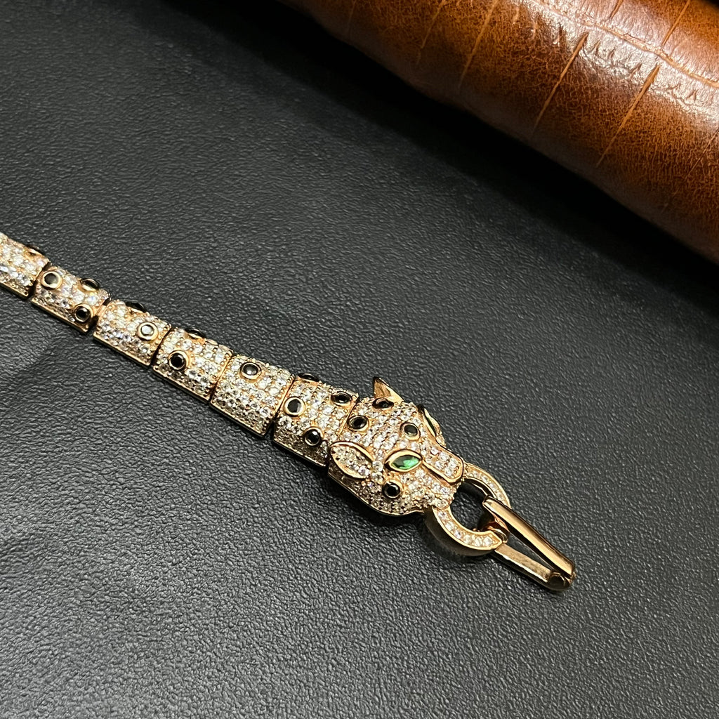 Silver Mens Bracelet Golden Cheetah Luxe Green Stones Gold Finish 925
