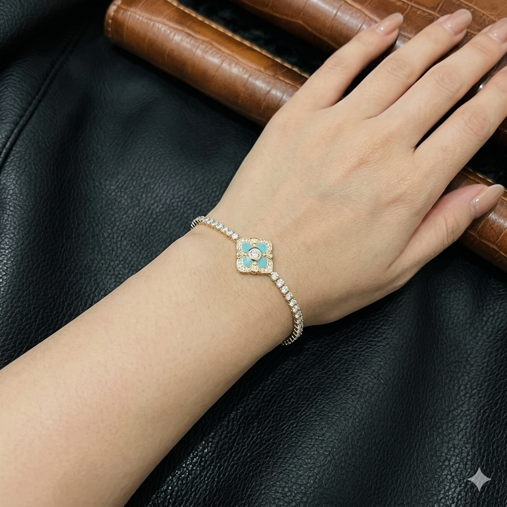 Silver Ladies Bracelet Flower Blue AD Stones