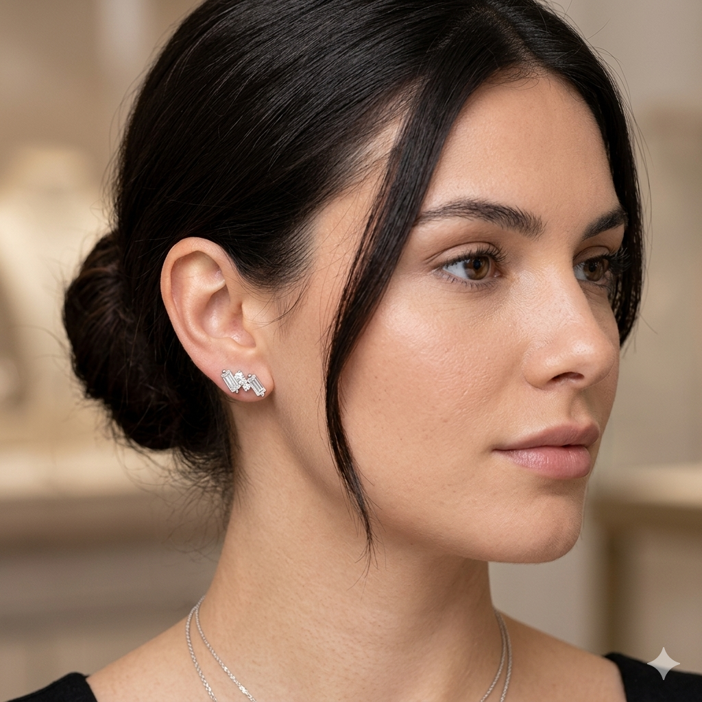 Silver Ladies Stud 3 Step White Square
