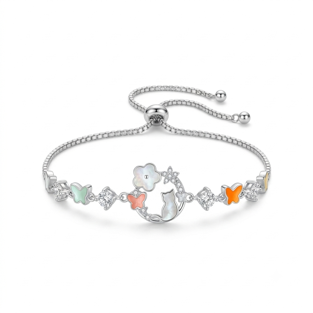 Silver Ladies Bracelet Flower Blooming 1 Butterfly Charm 925