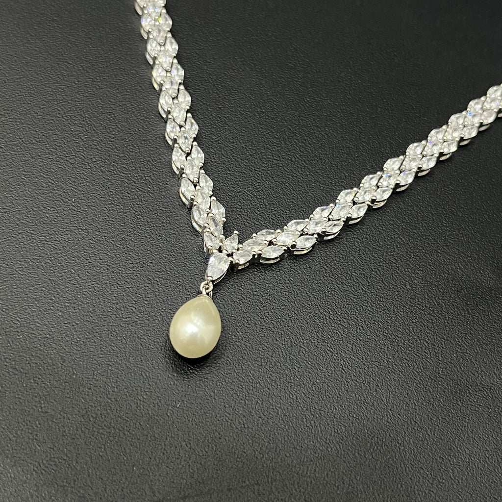 Silver Necklace CZ American Diamond with Pearl Hanging Stones