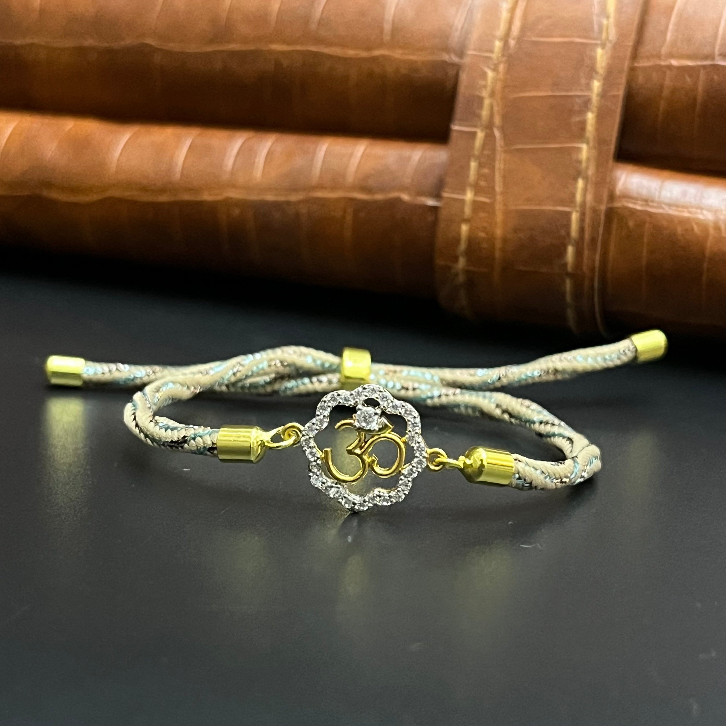Silver Rakhi Band OM Floral Gold Polish 925