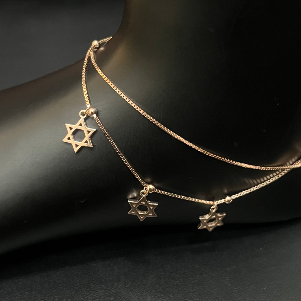 Silver Ladies Anklet Two Line Star Charms RG