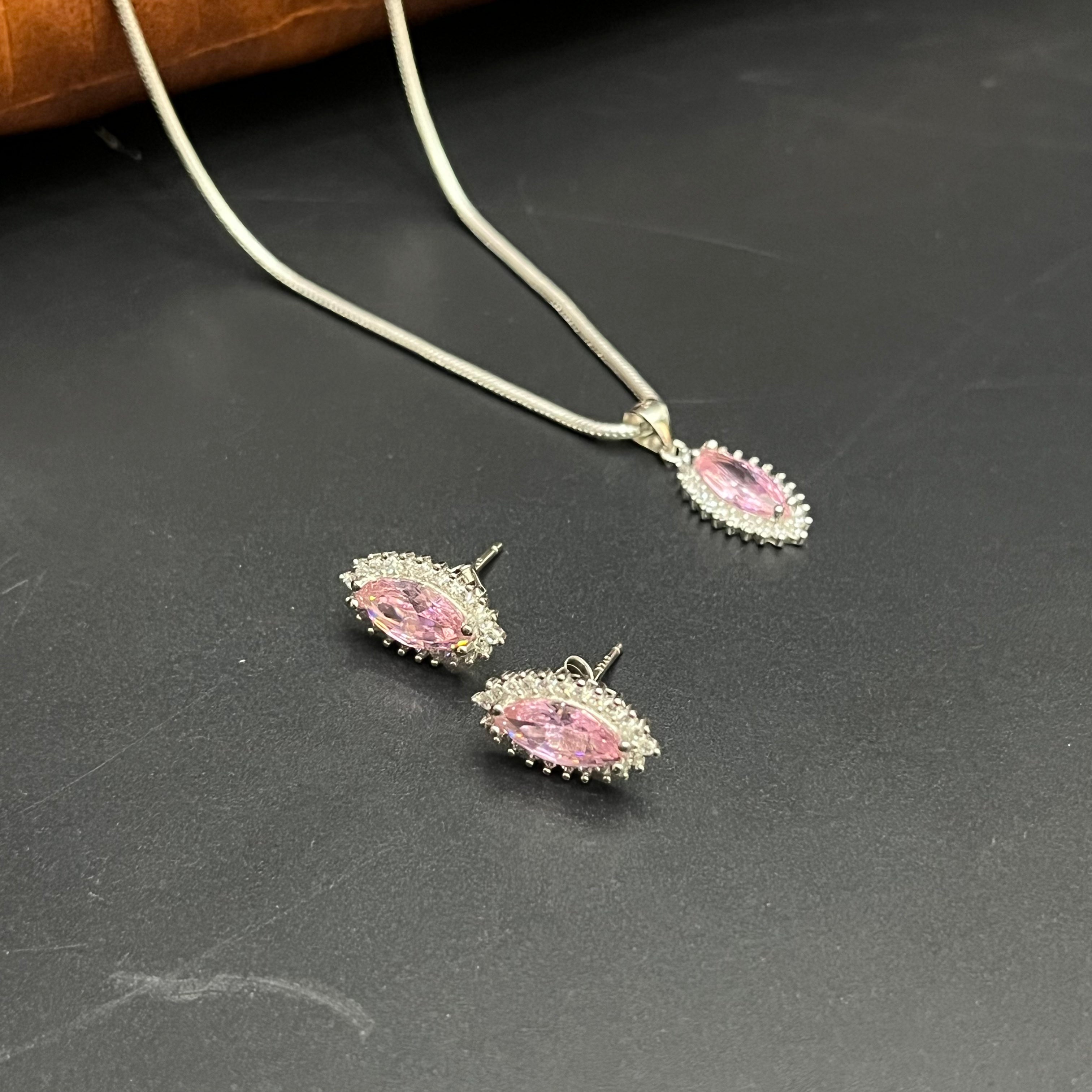 Silver Ladies Pendant Chain Set Pink Crystal Stone 925