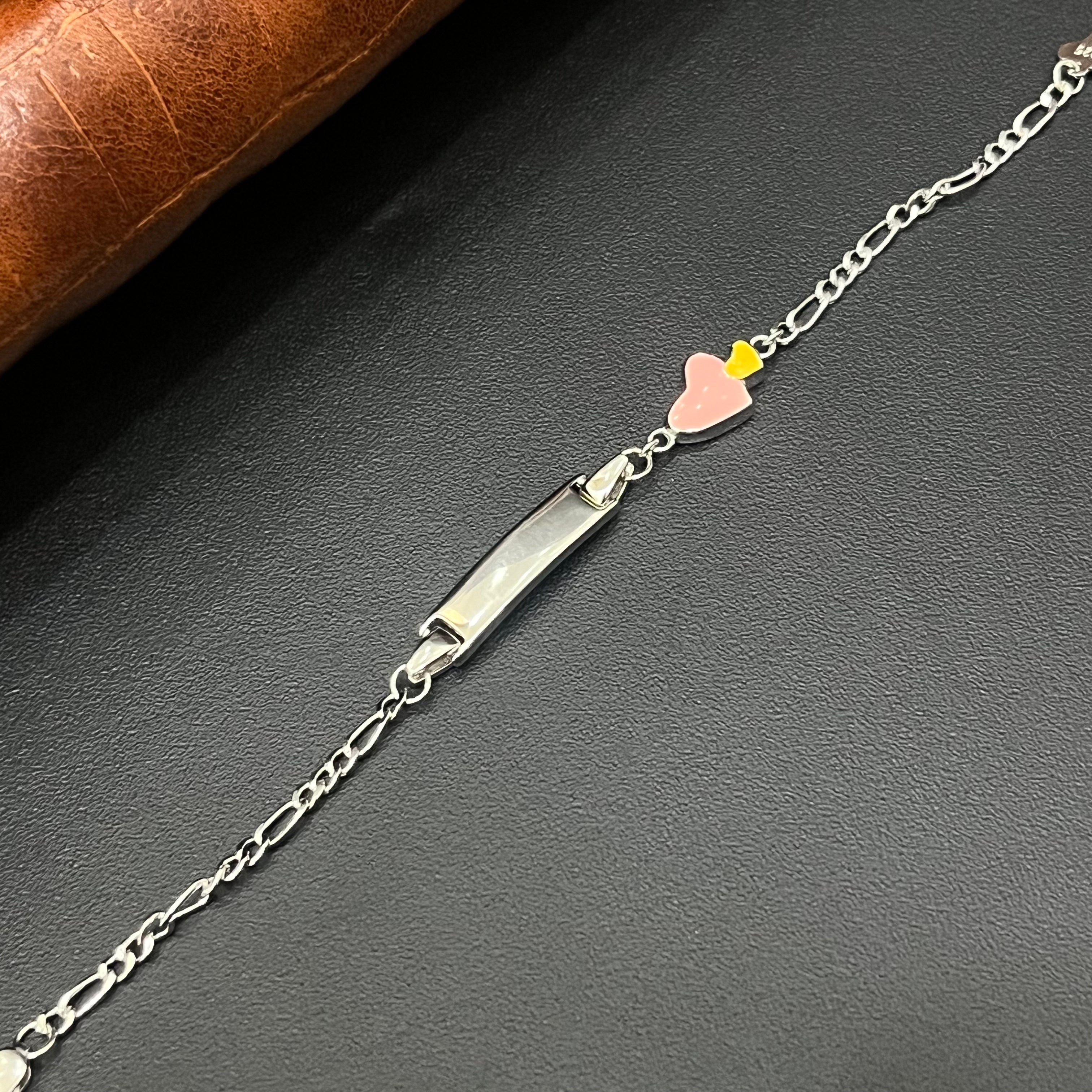 Silver Baby Bracelet Pink  Heart(Name Customisable on plate)
