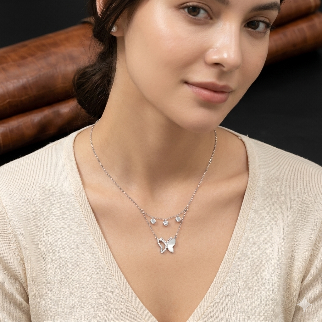 Silver Ladies Chain Butterfly & Cz Crsytal Drops Half