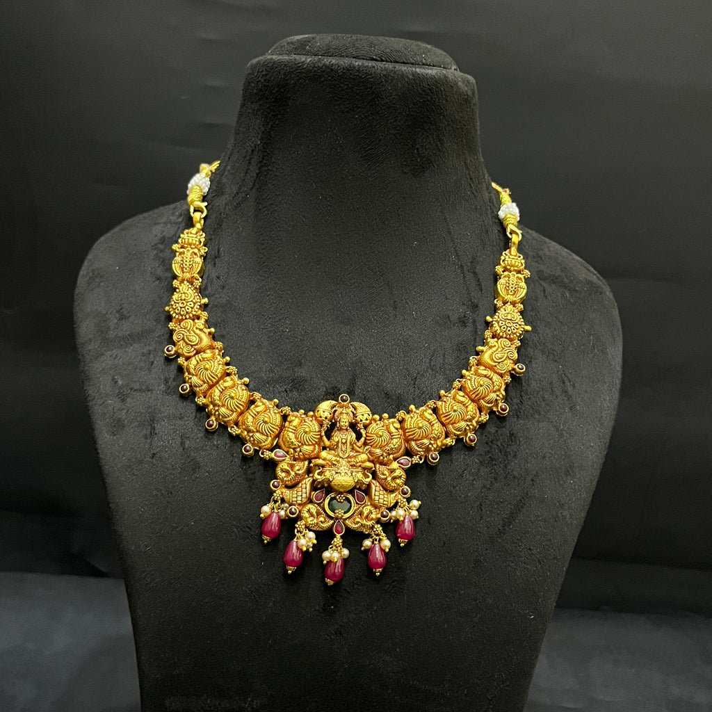 Silver Ladies Necklace And Haram Antique Lakshmi Devi Pink Nakshatra Gold Finish 925