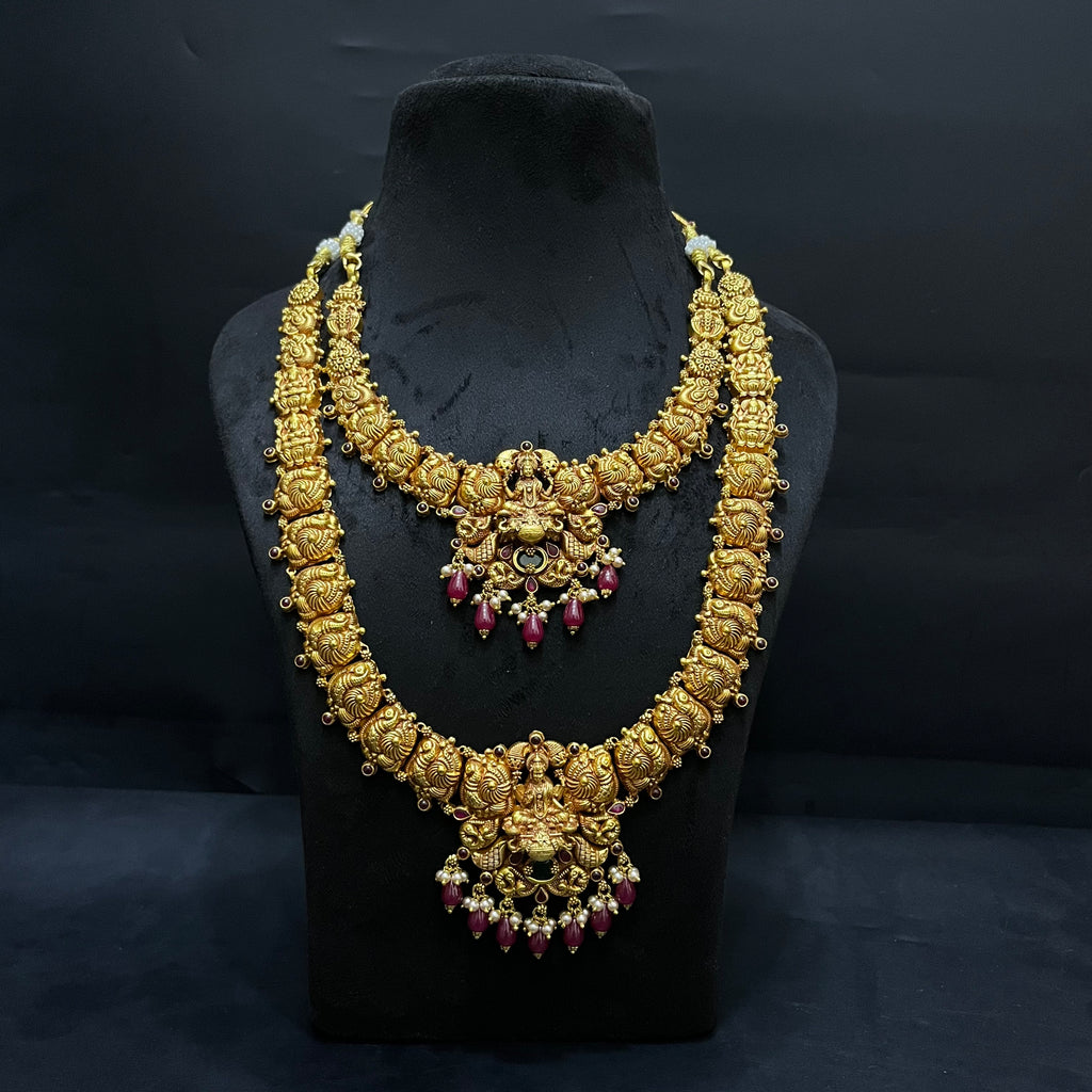 Silver Ladies Necklace And Haram Antique Lakshmi Devi Pink Nakshatra Gold Finish 925
