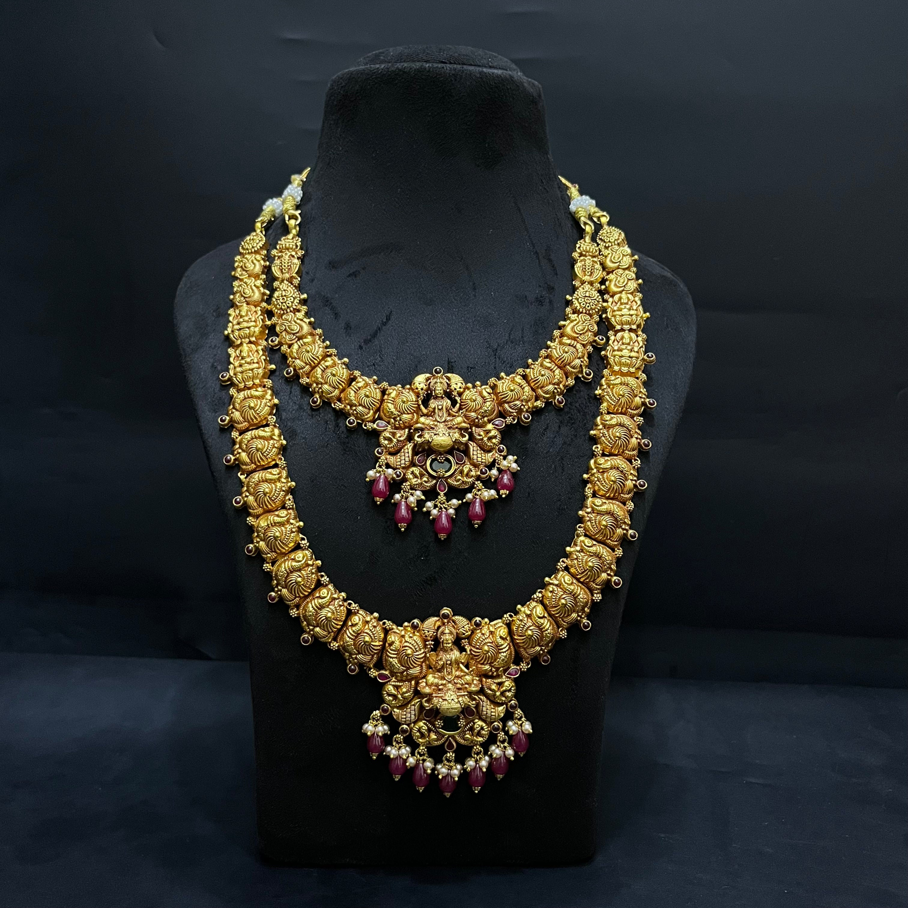 Silver Ladies Necklace And Haram Antique Lakshmi Devi Pink Nakshatra Gold Finish 925