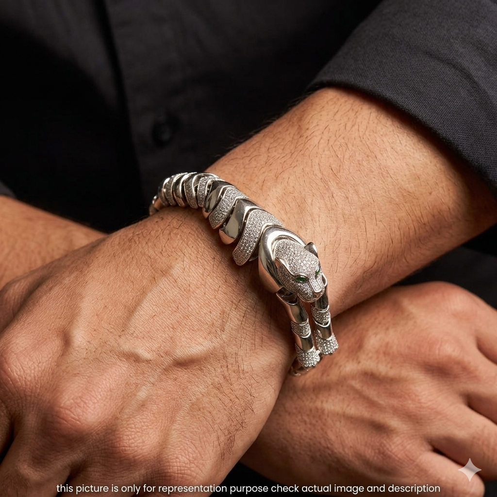Silver Mens Bracelet Jaquar AD  Stone Cuban Silver Finished