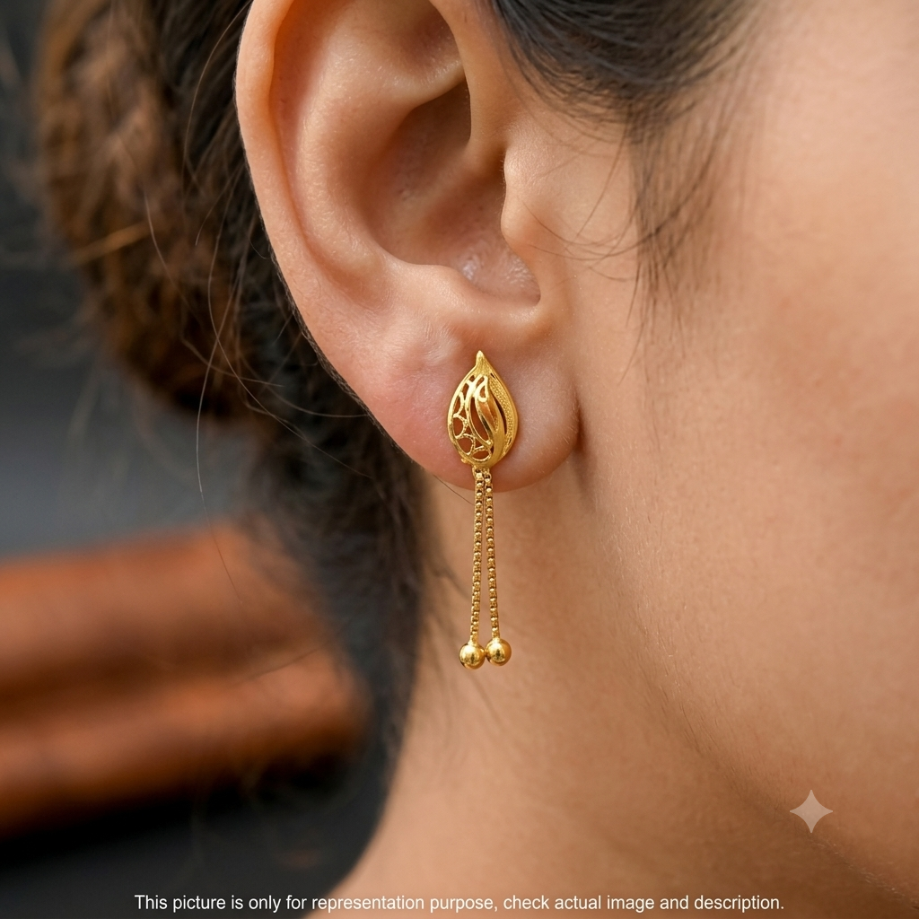 Silver Ladies Stud Leaf Two Line Chain Drop Gold Finished 925