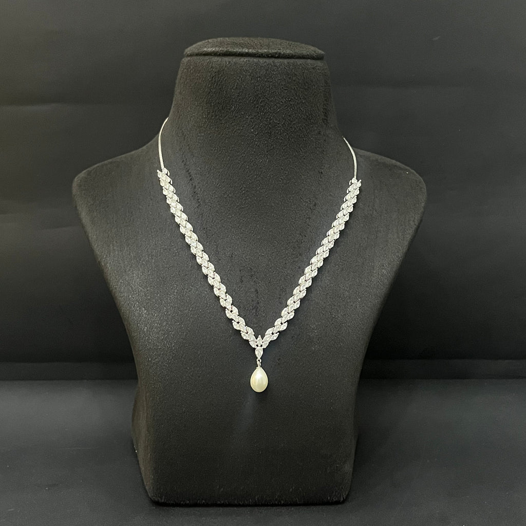Silver Necklace CZ American Diamond with Pearl Hanging Stones