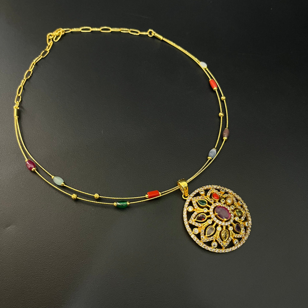 Silver Necklace Gold Finished Navratna Stones DS02