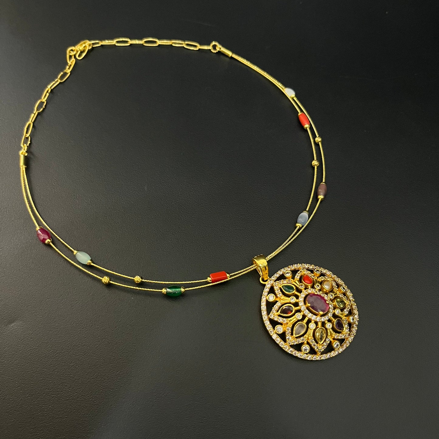 Silver Necklace Gold Finished Navratna Stones DS02