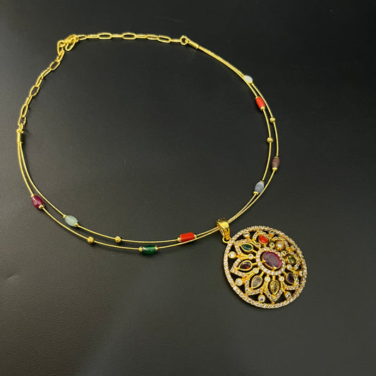 Silver Necklace Gold Finished Navratna Stones DS02