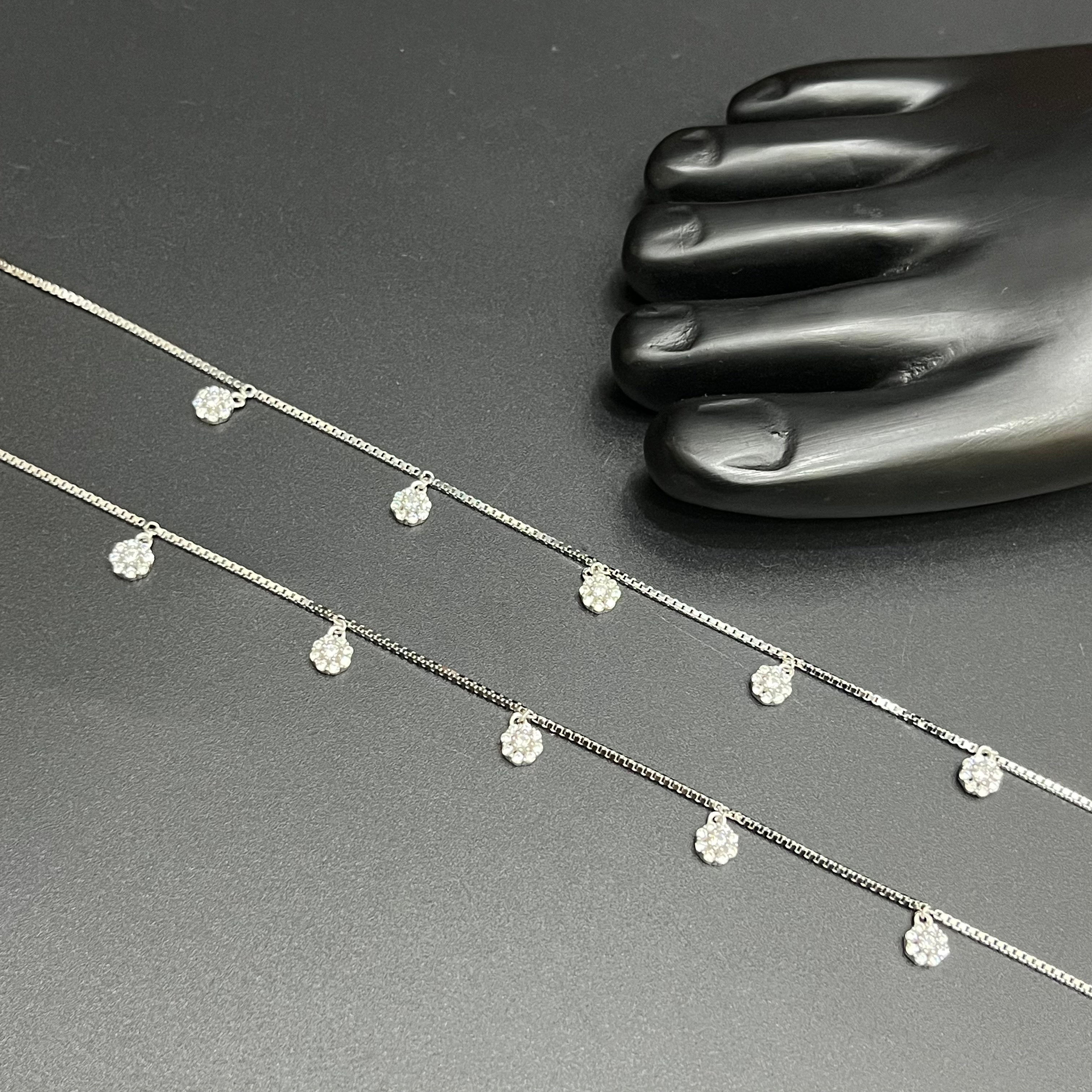 Silver Ladies Anklet Floral Drop Stones 925