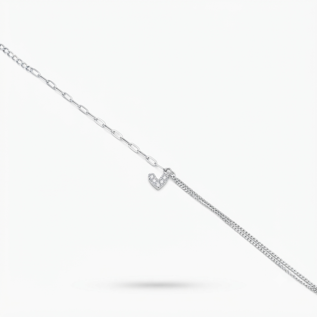 Silver Ladies Bracelet Heart Double Layer Link Lock 925