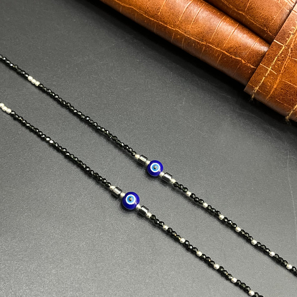 Silver Ladies Anklet Black Beeds Evil Eye 925