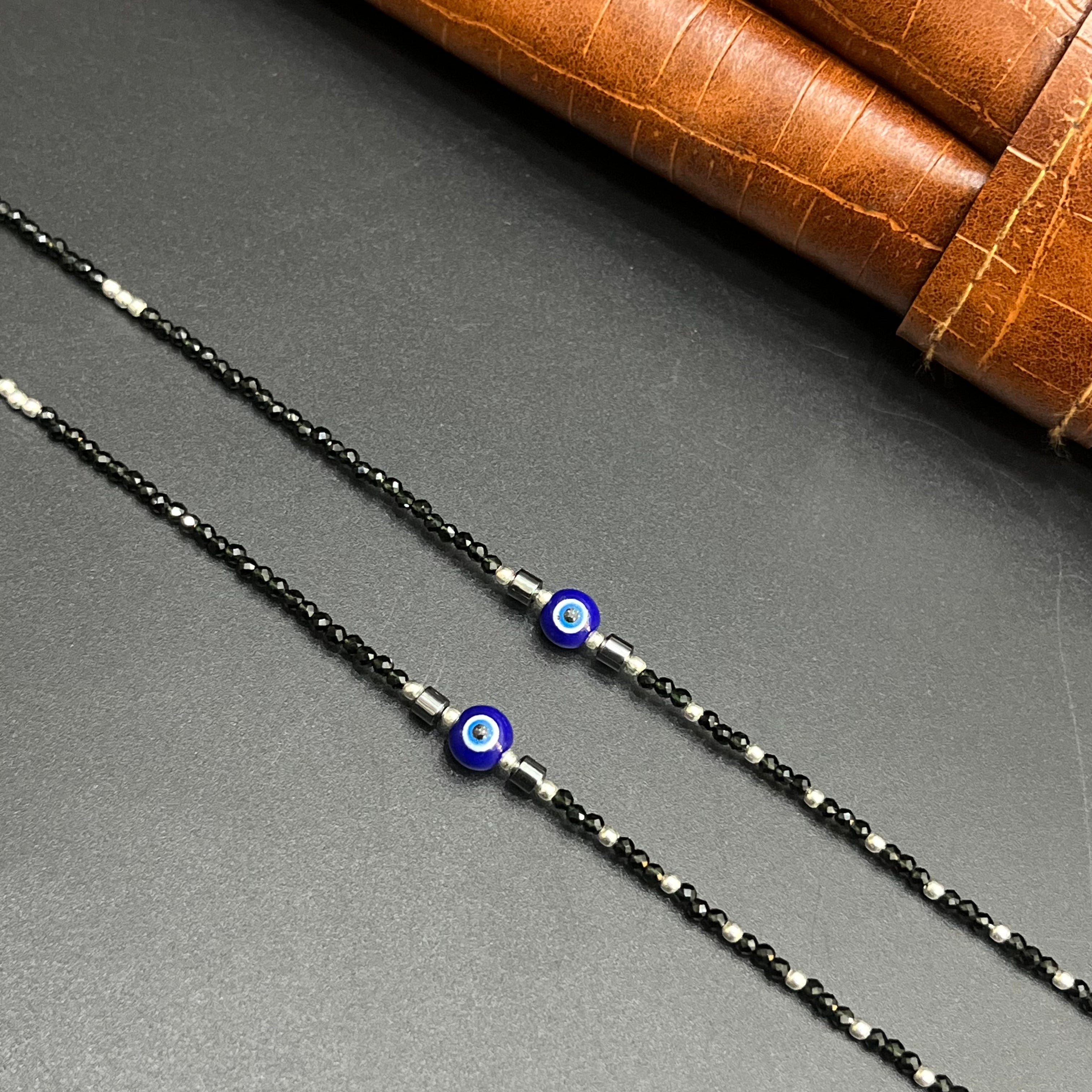 Silver Ladies Anklet Black Beeds Evil Eye 925
