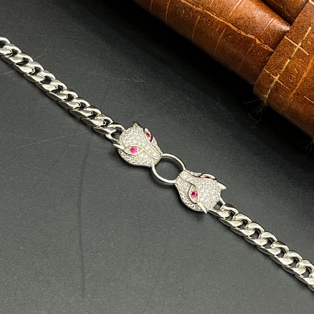 Silver Ladies Bracelet Twin Monster Mostif Cuban Link 925