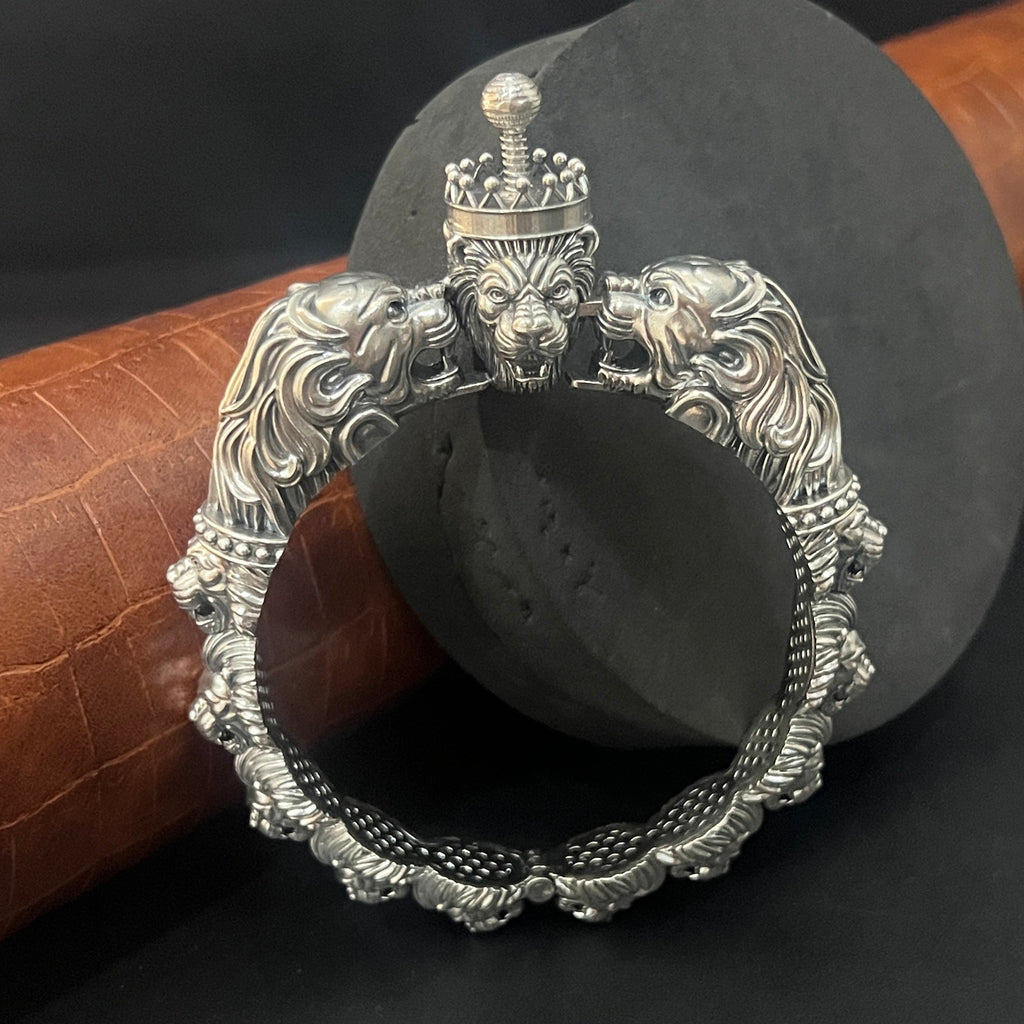 Silver Royal Lion Kada Antique Finished Solid