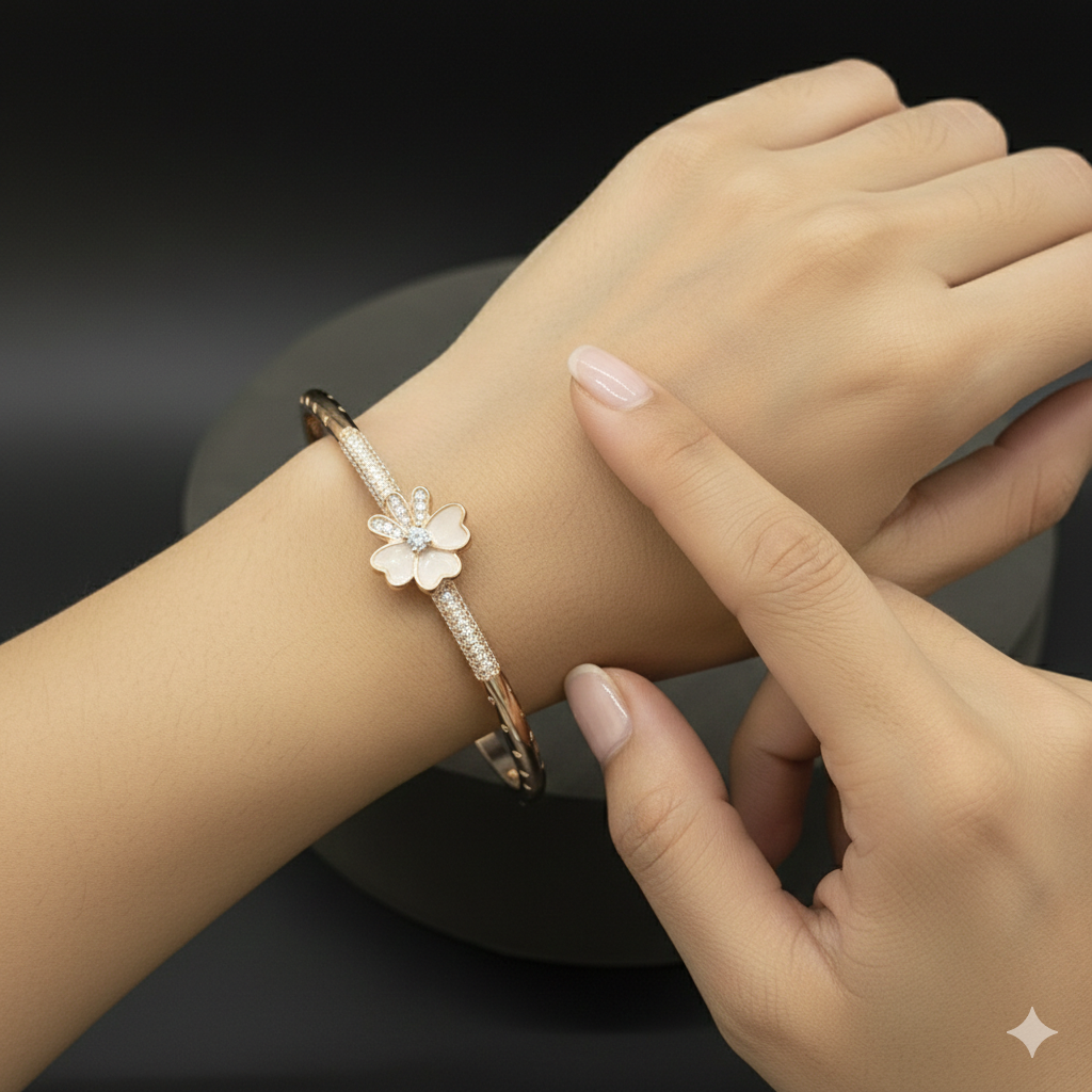 Silver Ladies Kada Flower White Rosegold