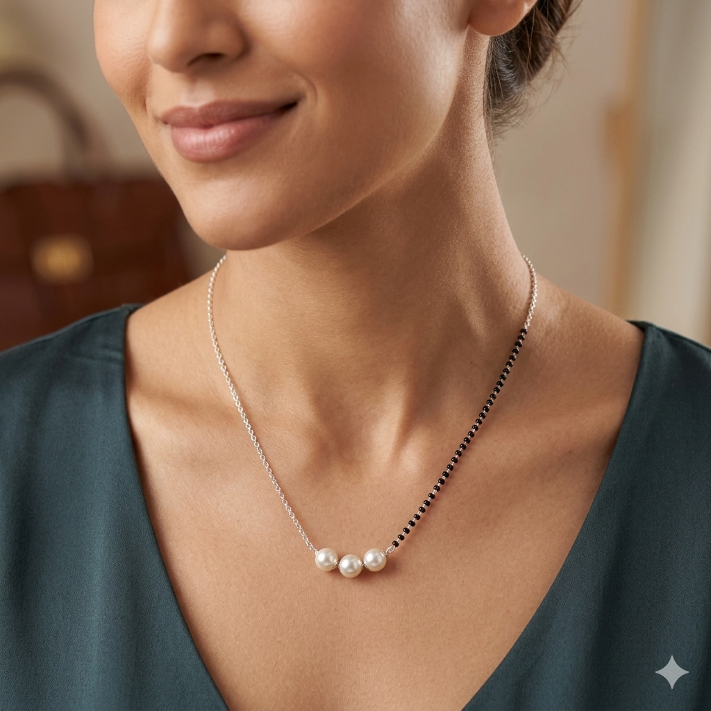 Silver Ladies Chain Black beads Pearl