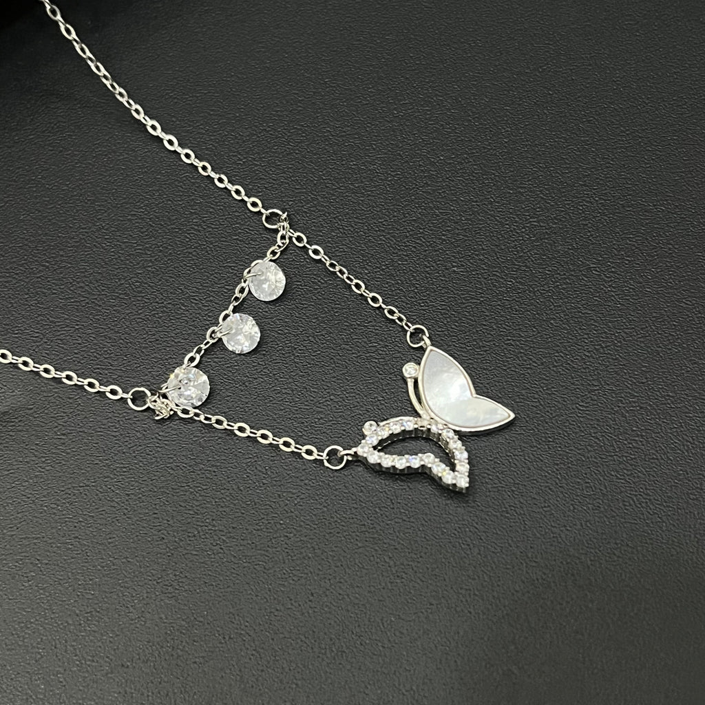 Silver Ladies Chain Butterfly & Cz Crsytal Drops Half